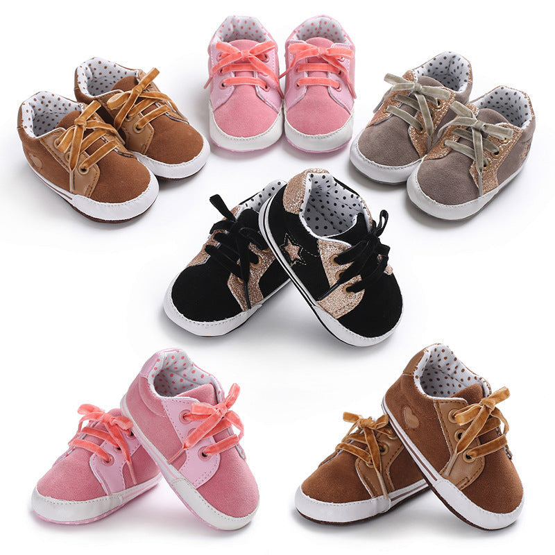 Stylish and comfortable baby sneakers in brown, gray, pink, and black for toddlers.
