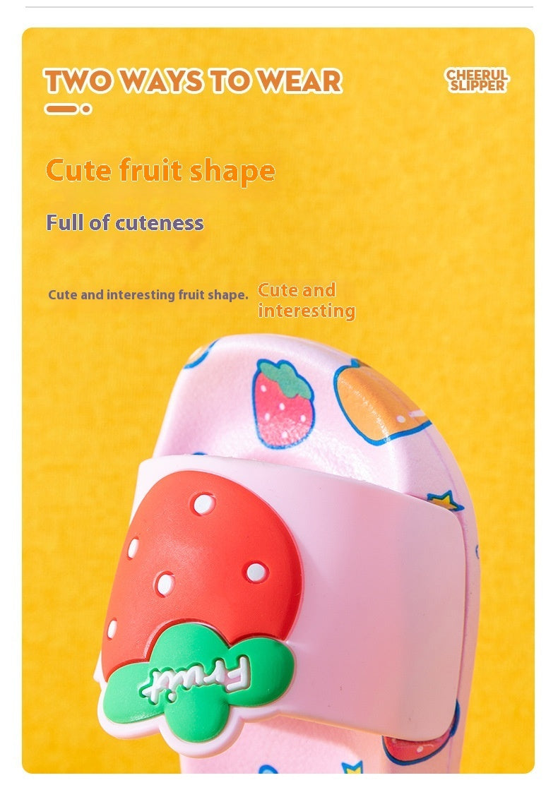Strawberry-themed children's slippers with cartoon pattern, pink color, non-slip PVC sole.