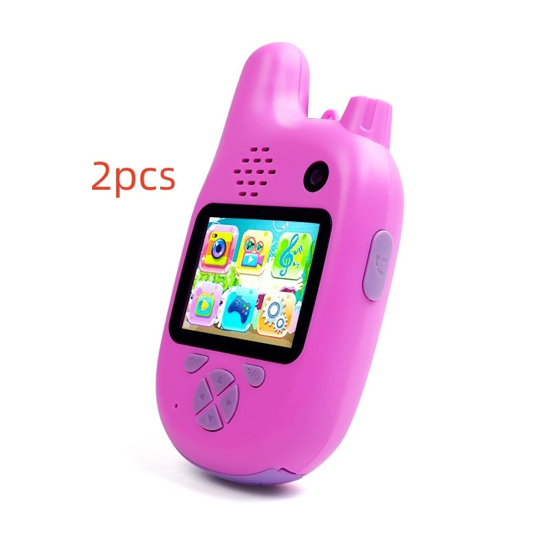Kids walkie-talkie camera in pink with cartoon interface and buttons.