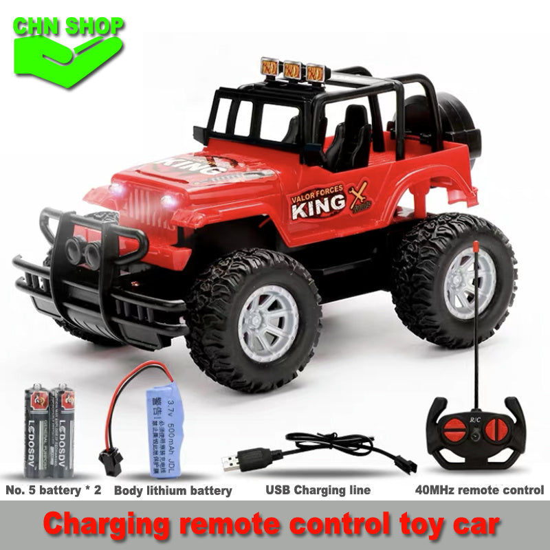 USB charging remote control toy car for kids, red color, with batteries and remote handle.