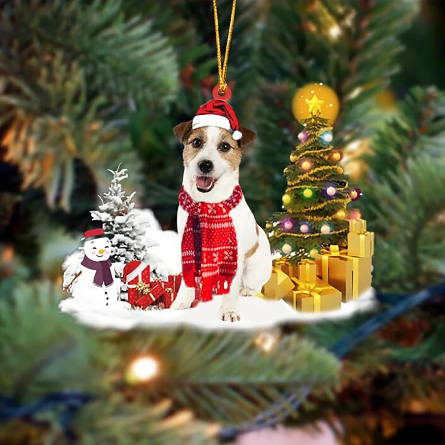 Christmas puppy ornament decorating tree with gifts and snowman.