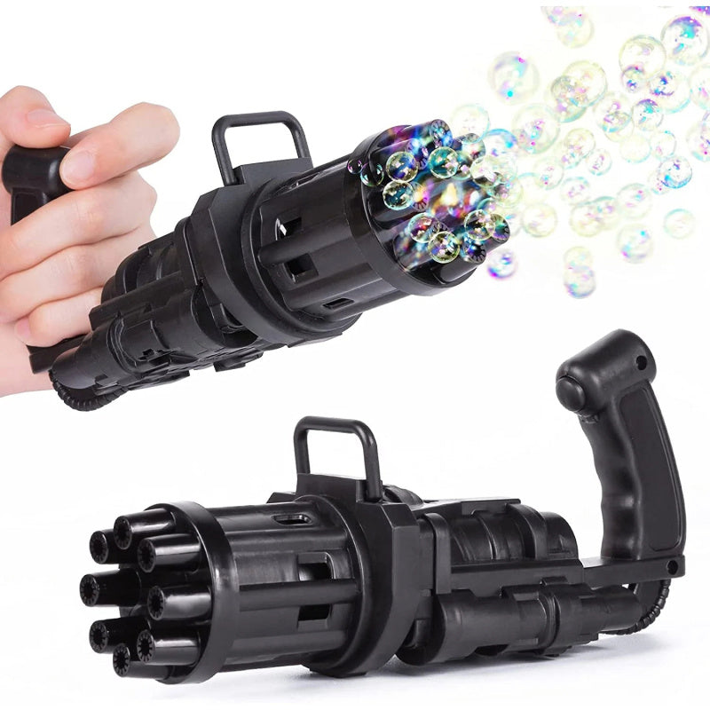 Kids bubble machine toy shaped like a plastic machine gun, emitting colorful bubbles.