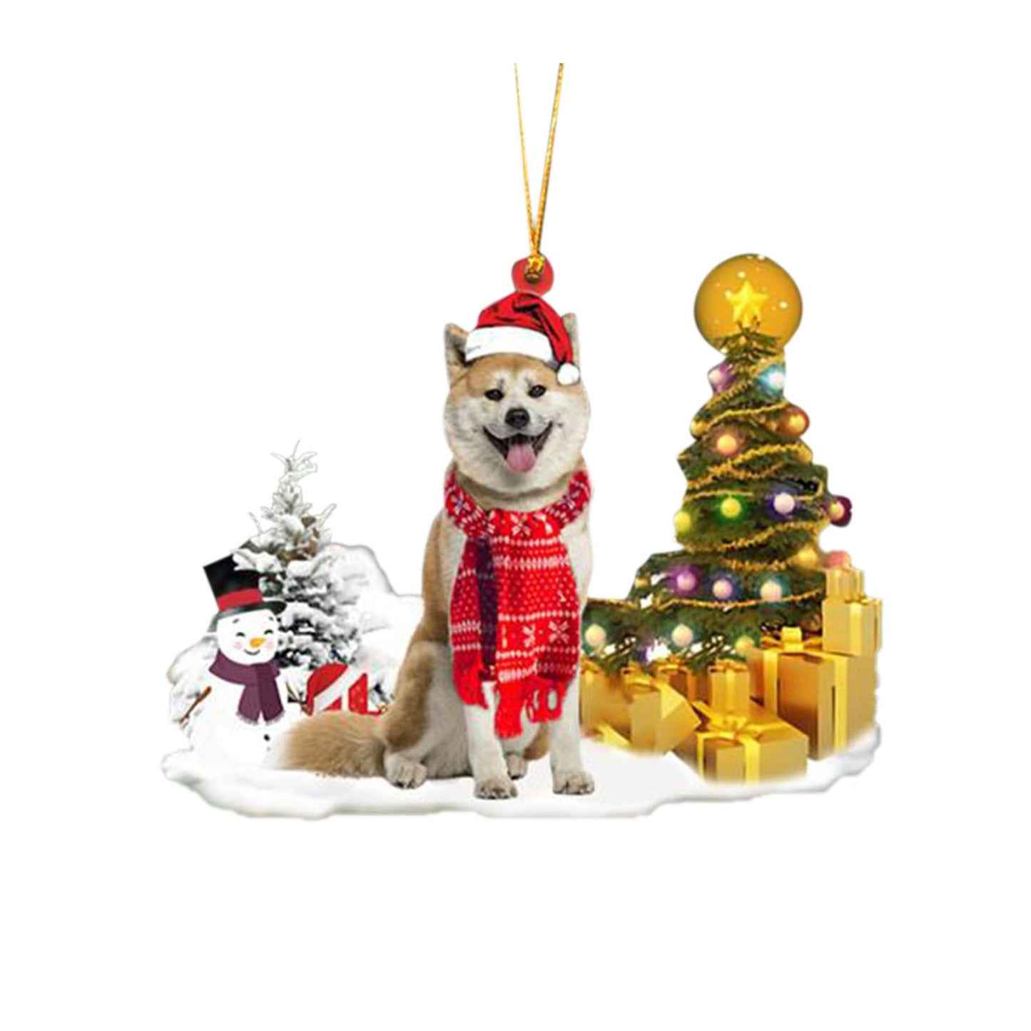 Christmas puppy decoration with trees, lights, and gifts, PVC material, white and red, 8x7 cm.