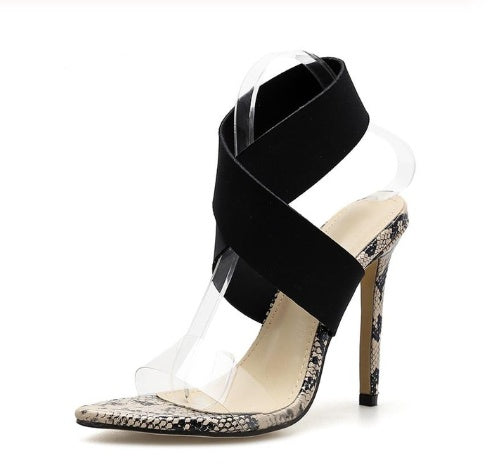 White snake print high heel with open toe, microfiber upper, and non-slip rubber sole.