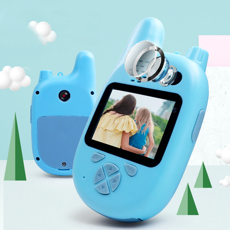 Mini HD cartoon camera for kids with walkie-talkie feature, 1080p video resolution, and 12MP image capture.