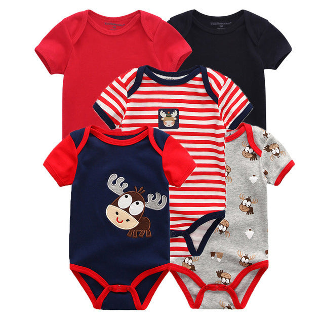 Newborn cotton jumpsuit set, short-sleeve, moose print, multicolor design for baby boys and girls.
