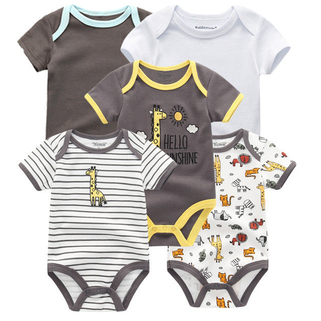 Summer baby jumpsuit set, sleeveless cotton, various designs.