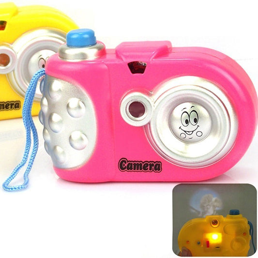 Kids projection camera educational toy in pink with animal projection feature.