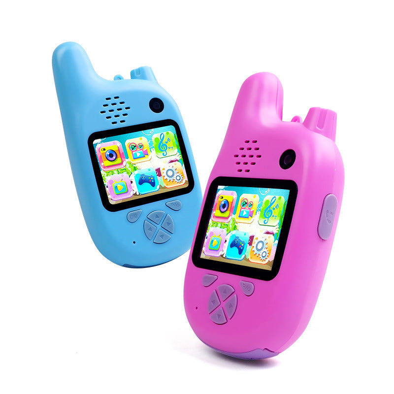 Walkie-talkie kids camera toys in blue and pink with cartoon interface, HD video, and wide-angle lens.