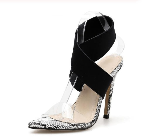 White snake high heel with fish mouth design and 8cm heel height.