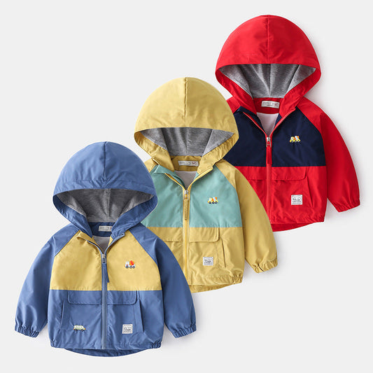 Hooded kid's jackets in blue, yellow, and red with cartoon design for ages 3-8.