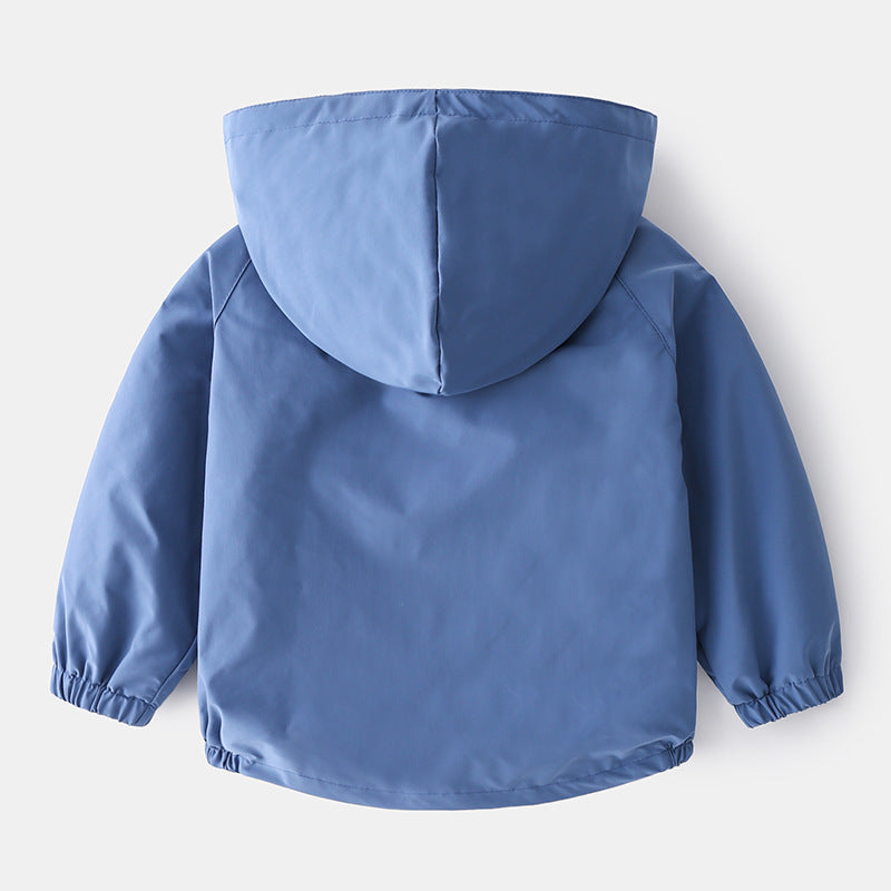 Blue hooded kids' jacket with cartoon pattern, long sleeves, suitable for ages 3-8, cotton and polyester blend.