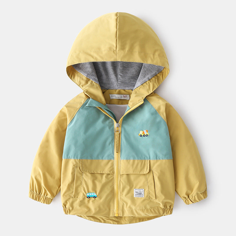Kids' hooded jacket with cartoon design, lapel collar, and long sleeves in a trendy style.