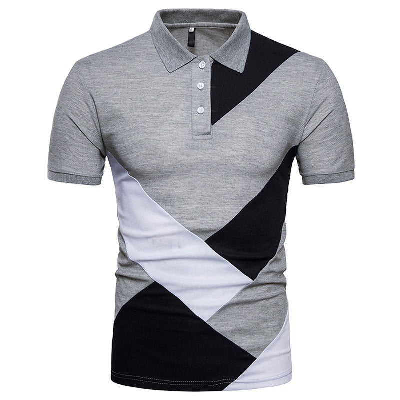 Men's casual short sleeve polo shirt in gray, black, and white color block design, suitable for summer travel.