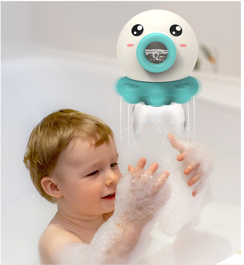 Octopus fountain bath toy spraying water in a bathtub with a child playing.