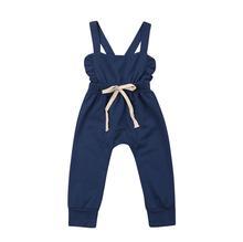 Blue girls' romper overalls with adjustable straps and bow, soft fabric for babies and toddlers.