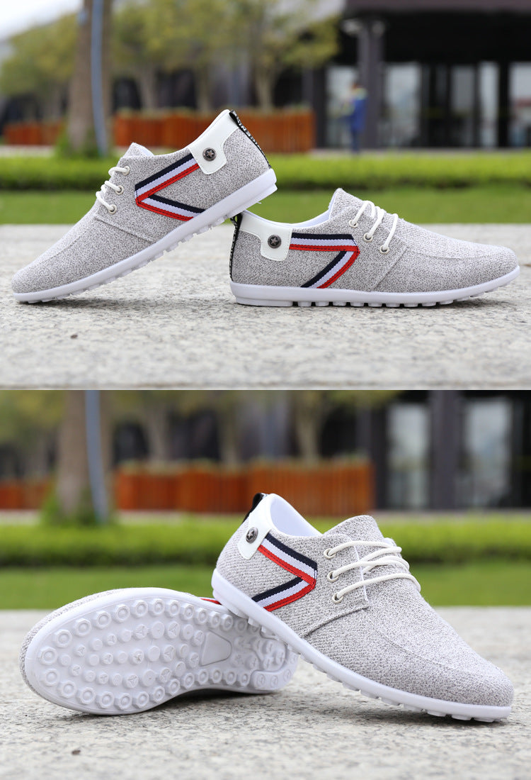 Men's gray canvas shoes with color stitching, round toe, low heel suitable for all seasons.