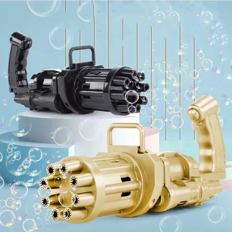 Kids toy bubble machine gun in gold and black, producing streams of bubbles, ideal for parties and outdoor fun.