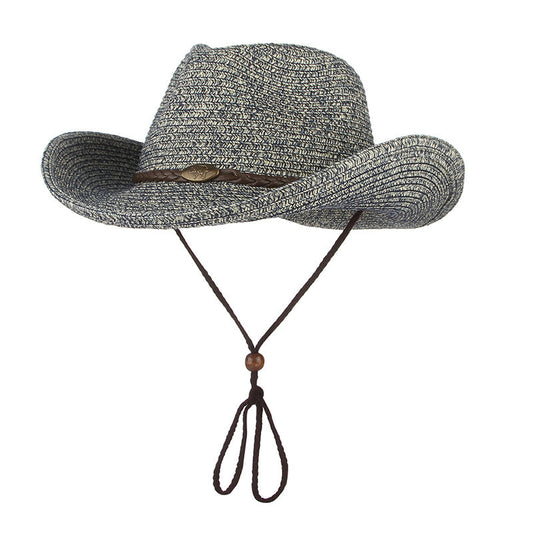 Gray women's sun hat with wide brim and adjustable chin strap.