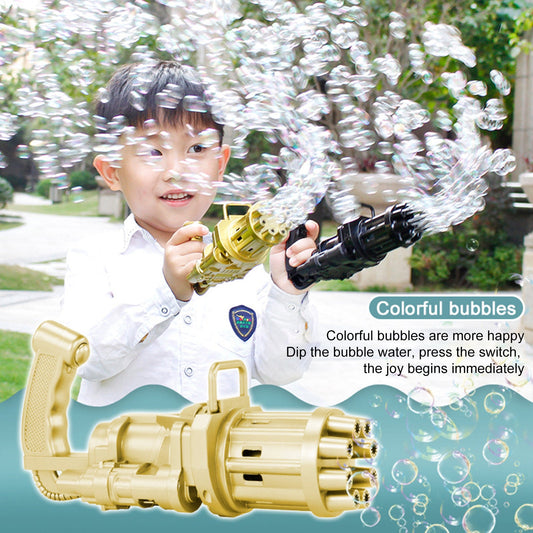 Child playing with bubble machine toy, producing colorful bubbles outdoors.