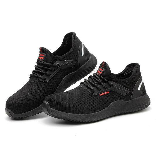 Breathable anti-smashing work safety shoes with steel toe cap and flying weave material.