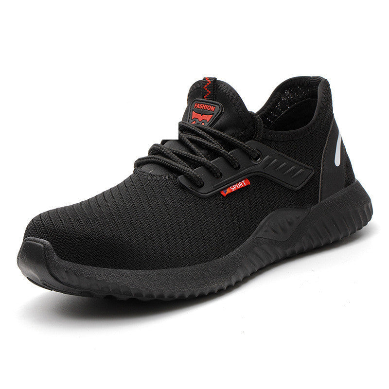 Breathable anti-smashing work safety shoe with steel toe, low cut design, black flying weave material.