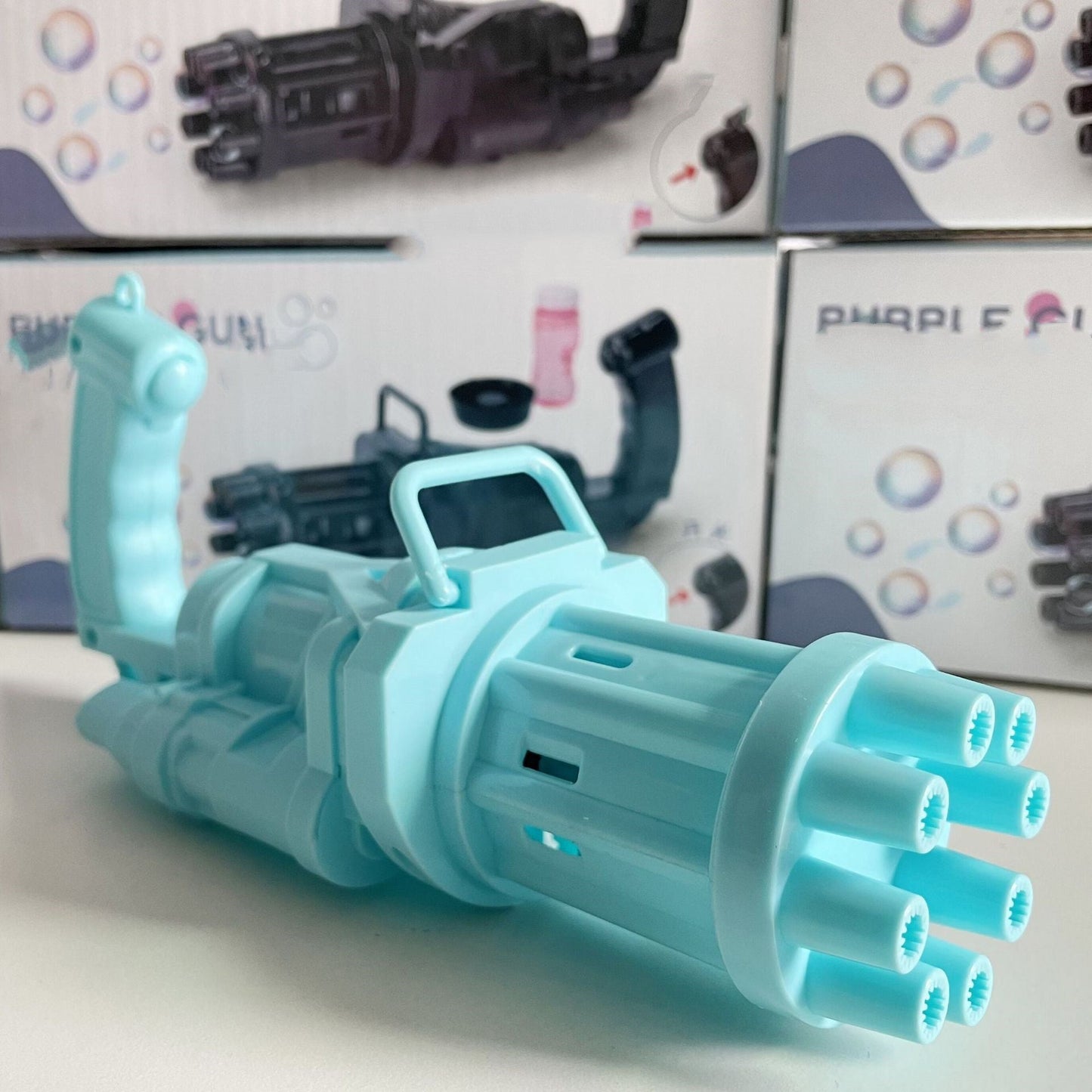 Kids plastic bubble machine toy resembling a machine gun, ideal for bath time fun and parties.