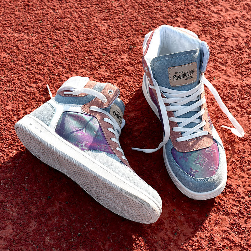 Increased shock absorption breathable high-top sneakers with lace-up closure and color-matching pattern.