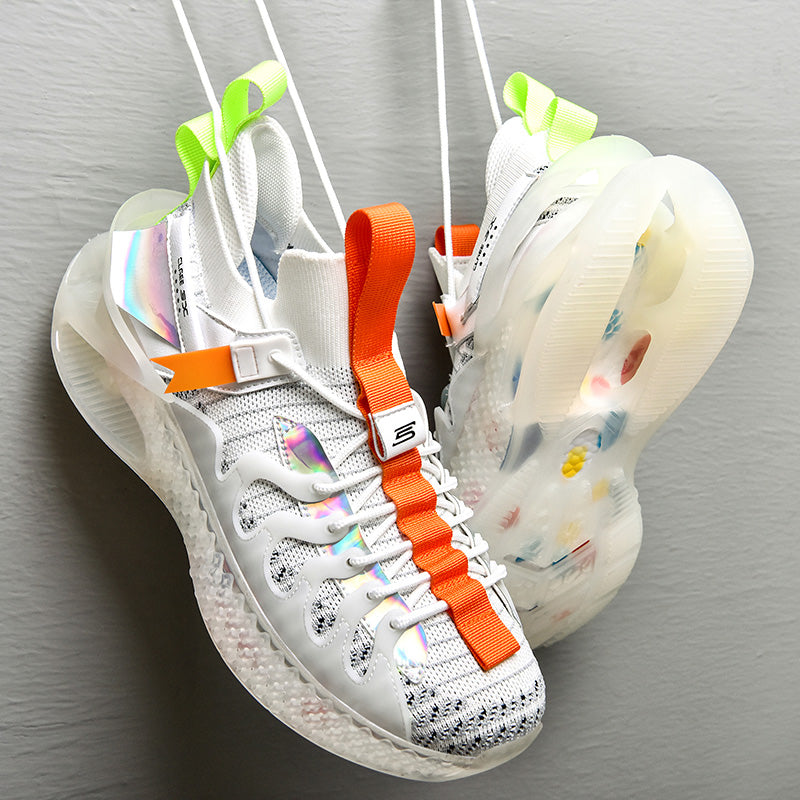 Breathable high-top sports sneakers with increased shock absorption and colorful design.