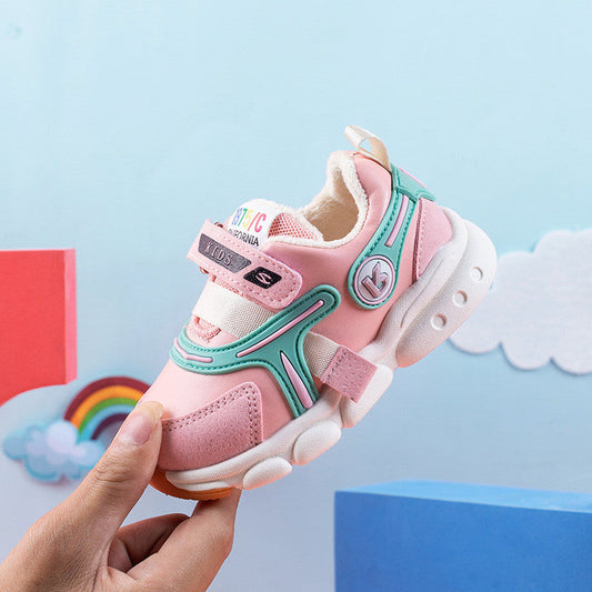 Plush pink toddler sneakers with Velcro strap, lightweight and non-slip EVA sole.