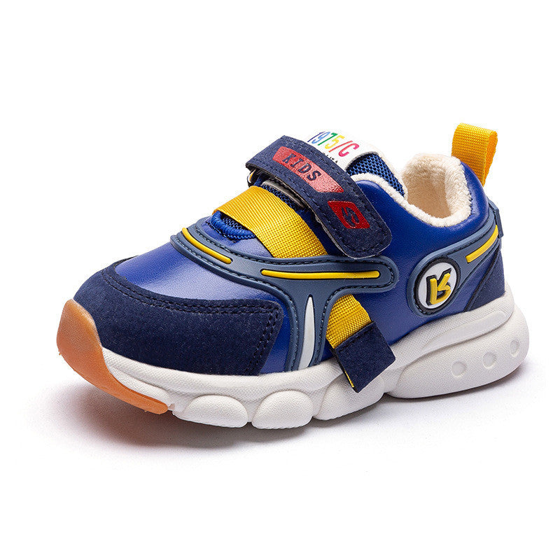 Plush sneakers for toddlers and children, blue with Velcro straps, breathable and waterproof design.