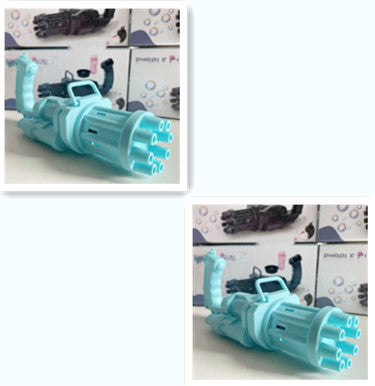Kids toy bubble gun machine in blue, with multiple bubble-blowing nozzles.