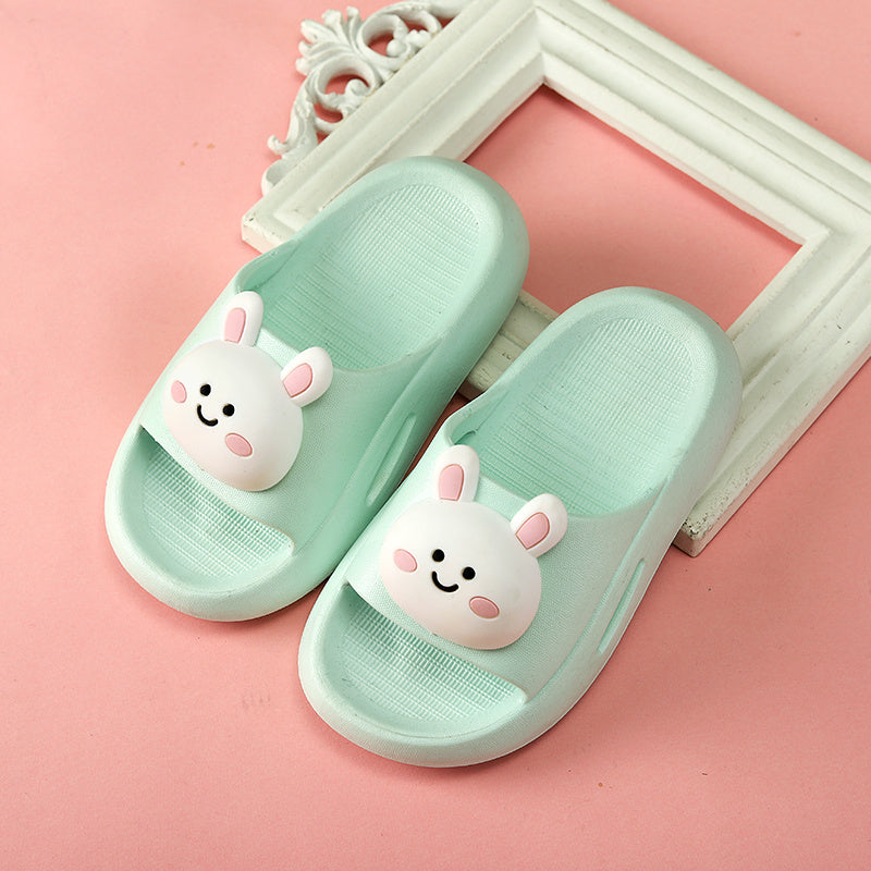 Kid cartoon cute sandals in light green with bunny design for boys, flat PVC sole.