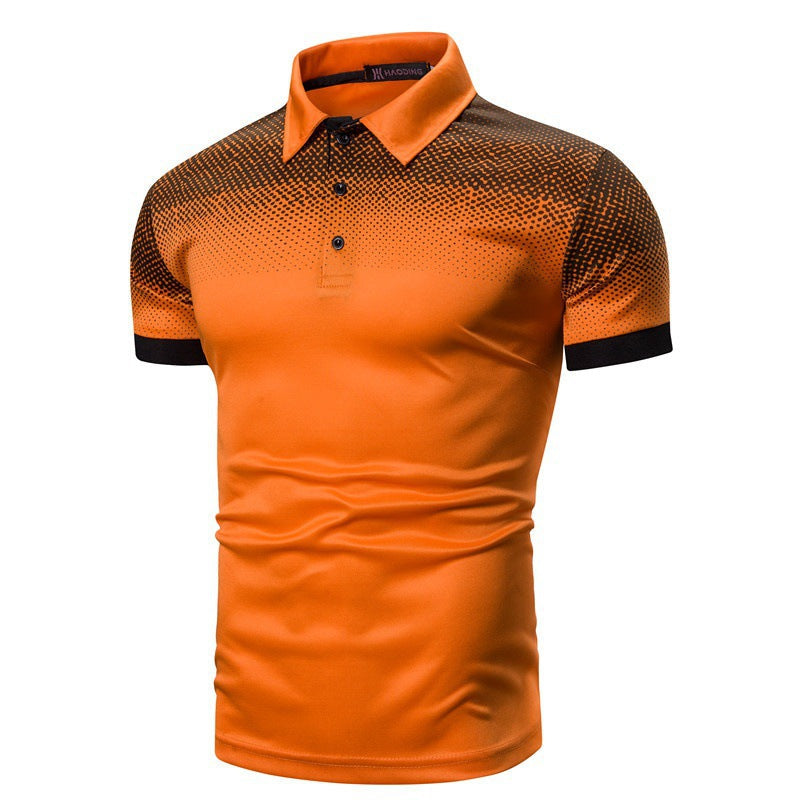 Gradient Polo Shirt in yellow orange with black dot print and sleeve trim