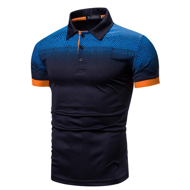 Gradient Polo Shirt in navy blue with bright blue dot print and orange trim