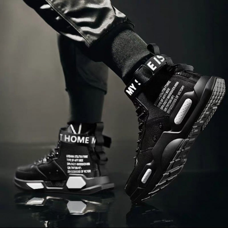 High-top Korean style men's sneakers, black, wear-resistant PU material, suitable for autumn youth fashion.