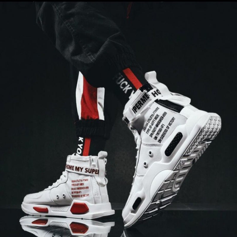 High-top men's Korean style sneakers with text details, low heel, and PU material, ideal for autumn.