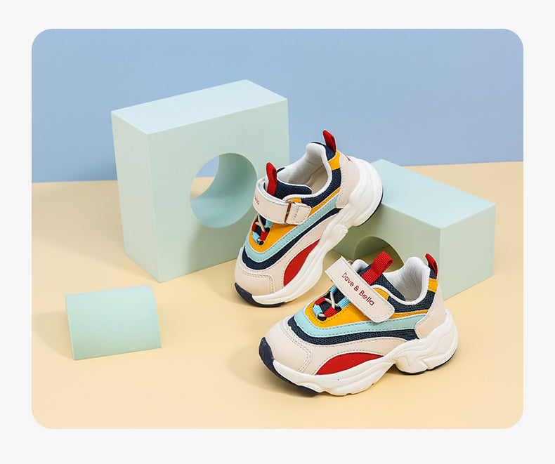 Western style children's sports shoes with Velcro, colorful design, for boys and girls.