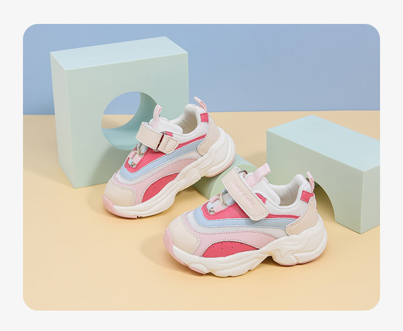 Pink and white Velcro toddler sports shoes with modern design, suitable for boys and girls.