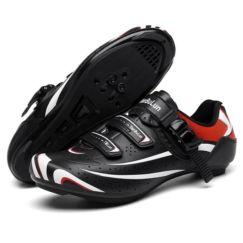 Outdoor cycling shoes with a non-lock design, featuring a rubber sole suitable for men and women, shown in black and red.