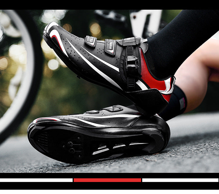 Black and red outdoor non-lock cycling shoes with rubber sole.