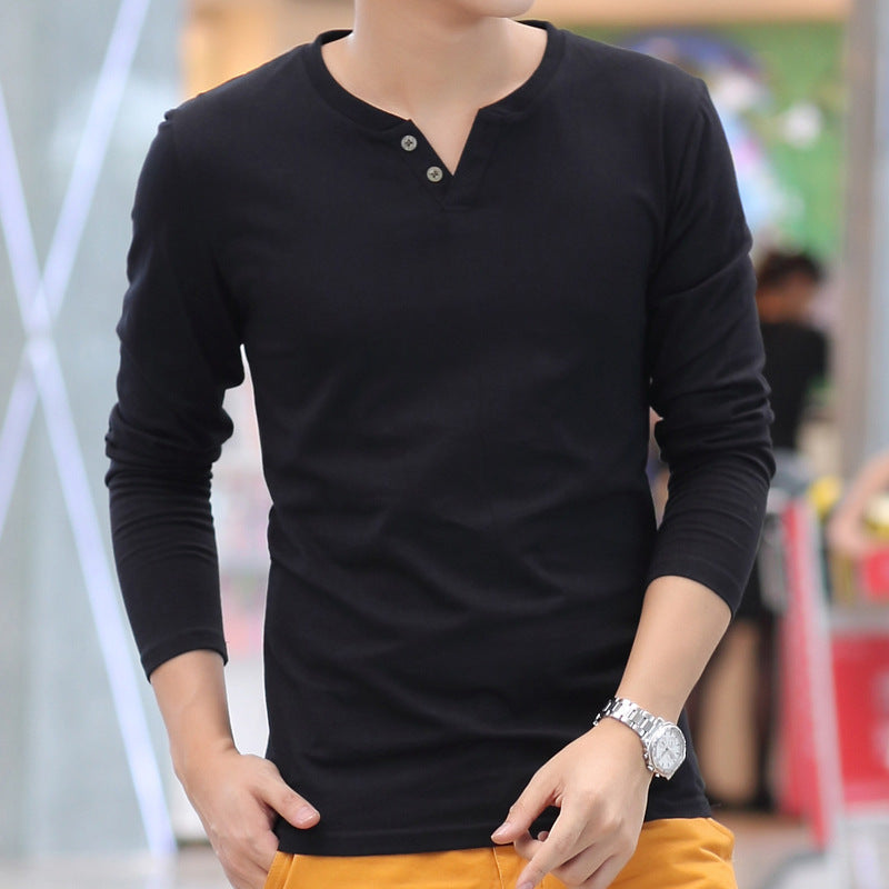 Linen Henley Shirt – black mens long sleeve top with buttoned notch neck