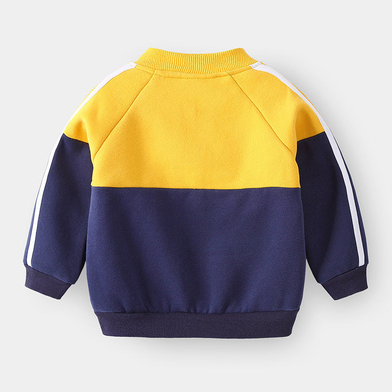 Kids' baseball uniform jacket in yellow and navy blue, cotton blend, short length.