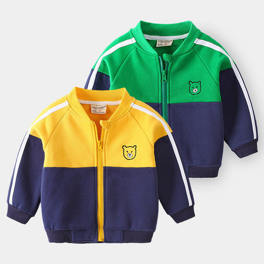 Kids' baseball uniform jackets in yellow and green with cute bear logo, cotton blend.