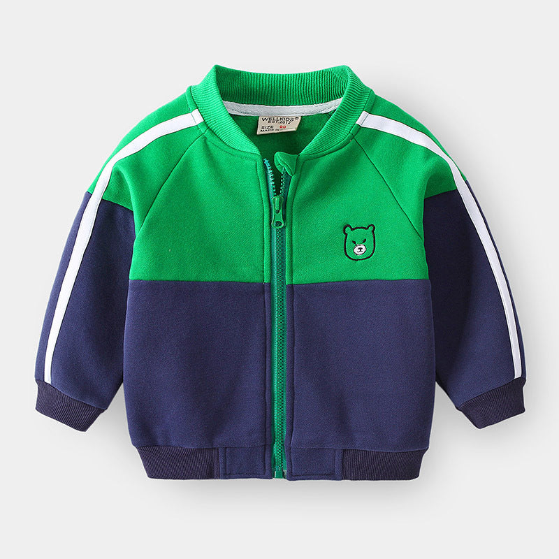 Kids' green and navy baseball uniform jacket, sporty look for boys.