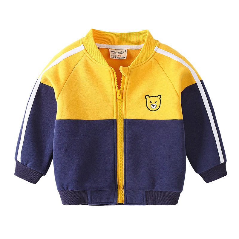 Kids' yellow and navy blue baseball uniform jacket, cotton blend, sizes for 90-130cm, sporty look.