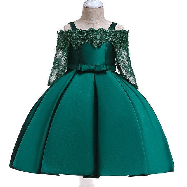 Kids green lace dress with off-shoulder design, ideal for toddlers.