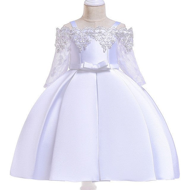 White lace girls' dress with floral details and pleated skirt, toddler clothing.