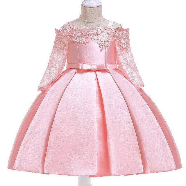 Pink lace toddler dress with bow, long sleeves, simple style.