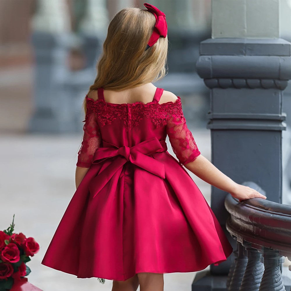 Deep red lace dress for toddlers with ribbon detail, polyester fiber material.
